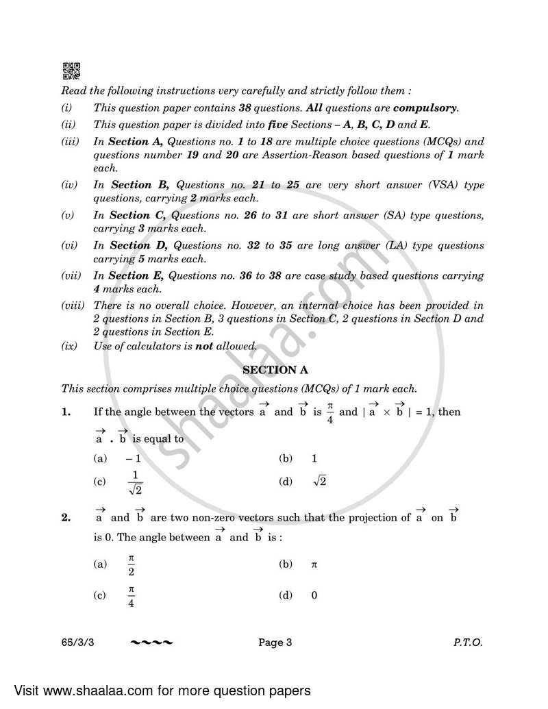 Mathematics 2022-2023 - CBSE 12th - Class 12 - CBSE (Central Board of Secondary Education) question paper with PDF download
