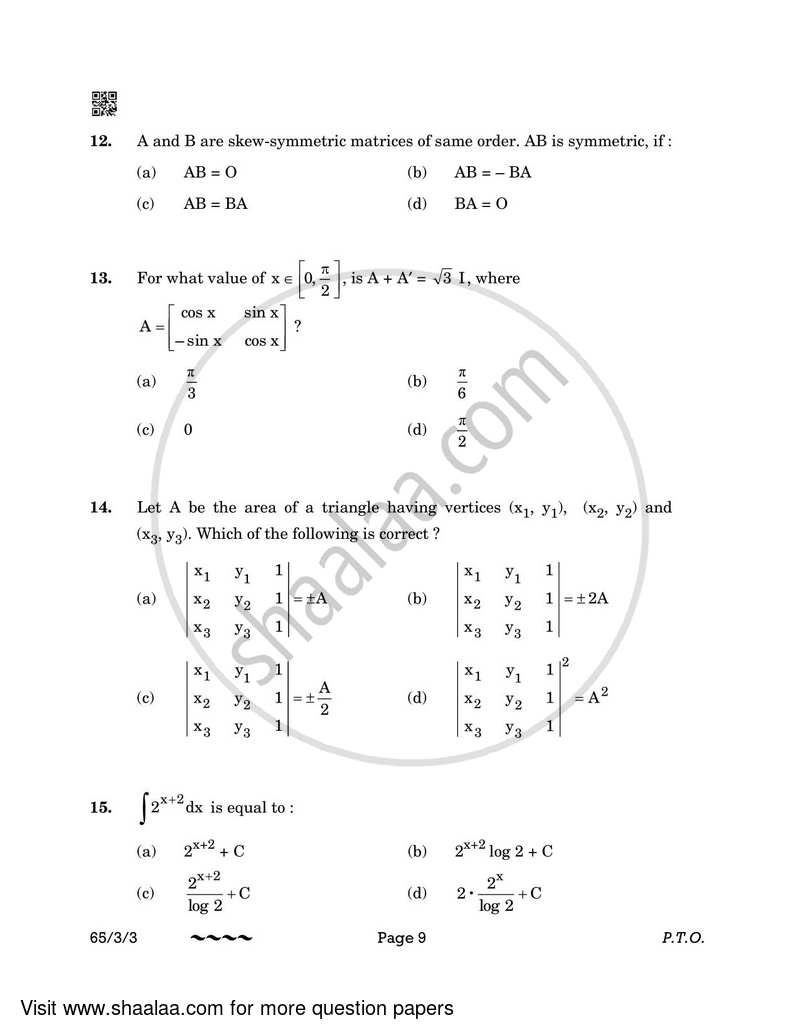 Mathematics 2022-2023 - CBSE 12th - Class 12 - CBSE (Central Board of Secondary Education) question paper with PDF download