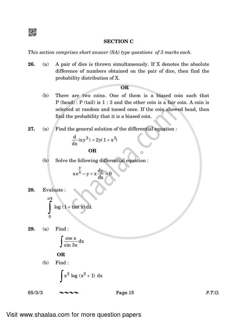 Mathematics 2022-2023 - CBSE 12th - Class 12 - CBSE (Central Board of Secondary Education) question paper with PDF download
