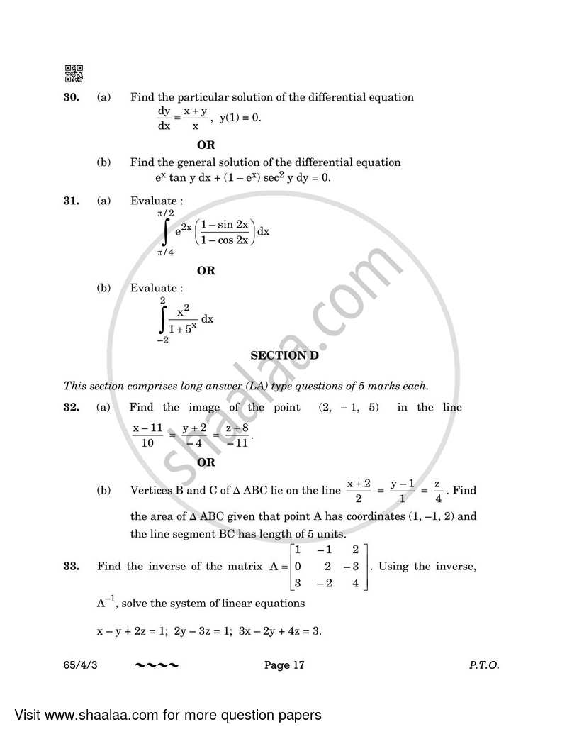 Mathematics 2022-2023 - CBSE 12th - Class 12 - CBSE (Central Board of Secondary Education) question paper with PDF download