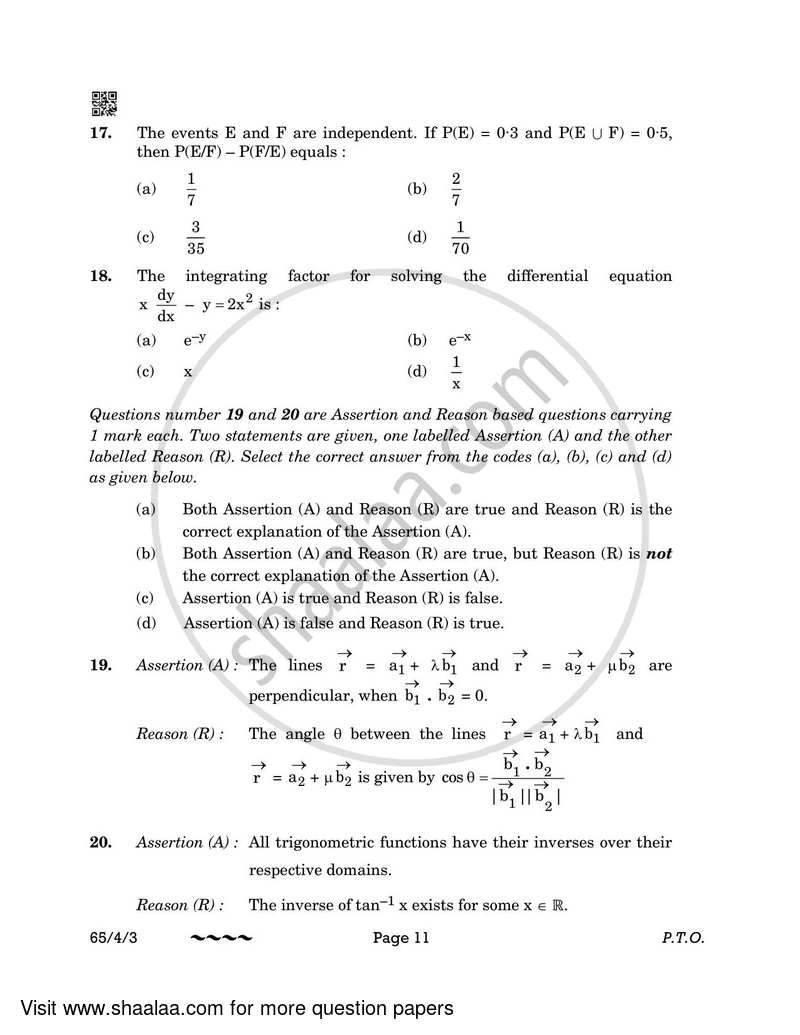 Mathematics 2022-2023 - CBSE 12th - Class 12 - CBSE (Central Board of Secondary Education) question paper with PDF download