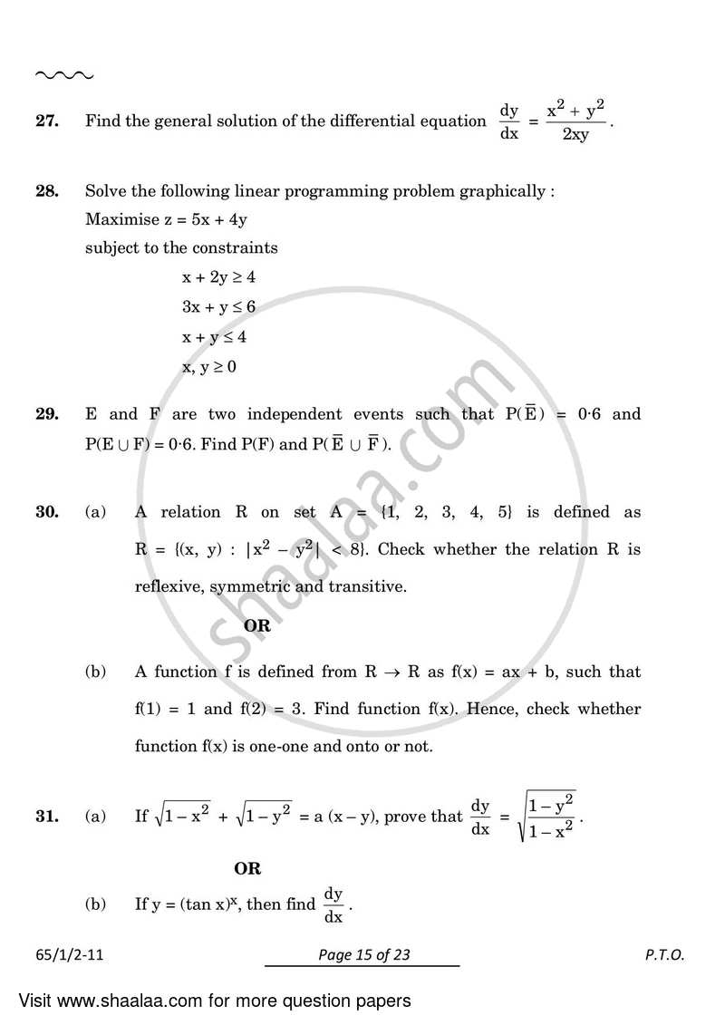 Mathematics 2023-2024 - CBSE 12th - Class 12 - CBSE (Central Board of Secondary Education) question paper with PDF download