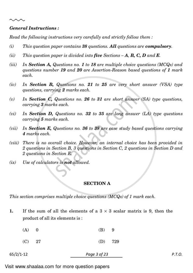 Mathematics 2023-2024 - CBSE 12th - Class 12 - CBSE (Central Board of Secondary Education) question paper with PDF download