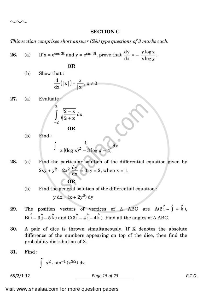 Mathematics 2023-2024 - CBSE 12th - Class 12 - CBSE (Central Board of Secondary Education) question paper with PDF download