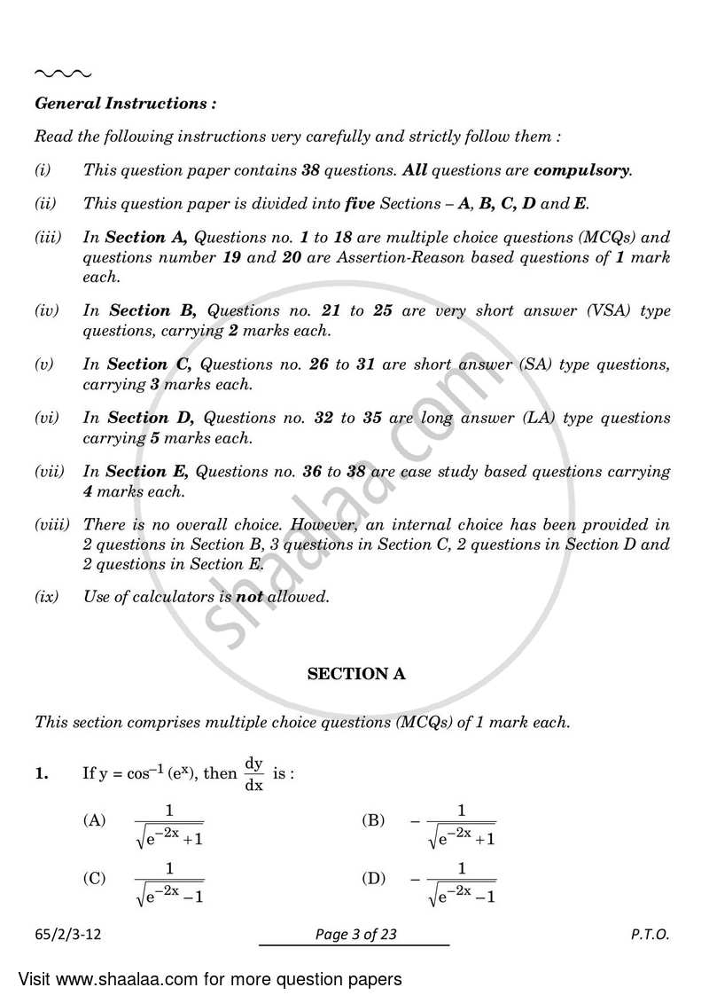 Mathematics 2023-2024 - CBSE 12th - Class 12 - CBSE (Central Board of Secondary Education) question paper with PDF download