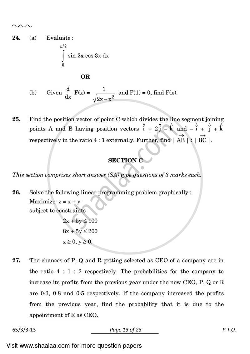 Mathematics 2023-2024 - CBSE 12th - Class 12 - CBSE (Central Board of Secondary Education) question paper with PDF download