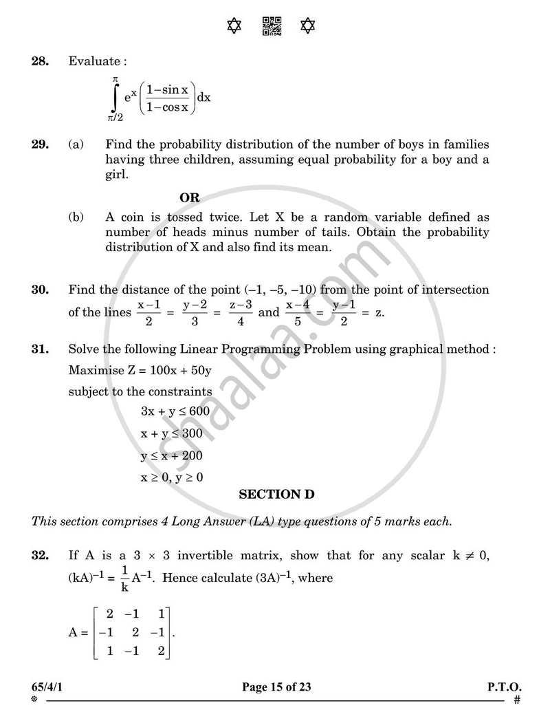 Mathematics 2024-2025 - CBSE 12th - Class 12 - CBSE (Central Board of Secondary Education) question paper with PDF download