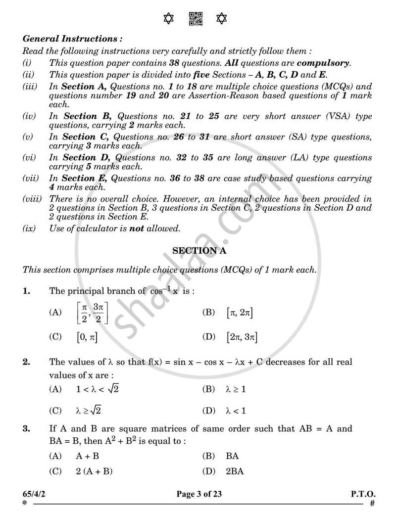 Mathematics 2024-2025 - CBSE 12th - Class 12 - CBSE (Central Board of Secondary Education) question paper with PDF download