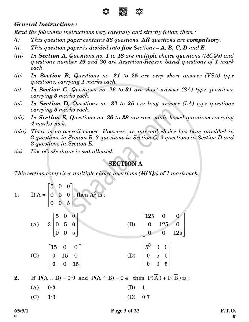 Mathematics 2024-2025 - CBSE 12th - Class 12 - CBSE (Central Board of Secondary Education) question paper with PDF download