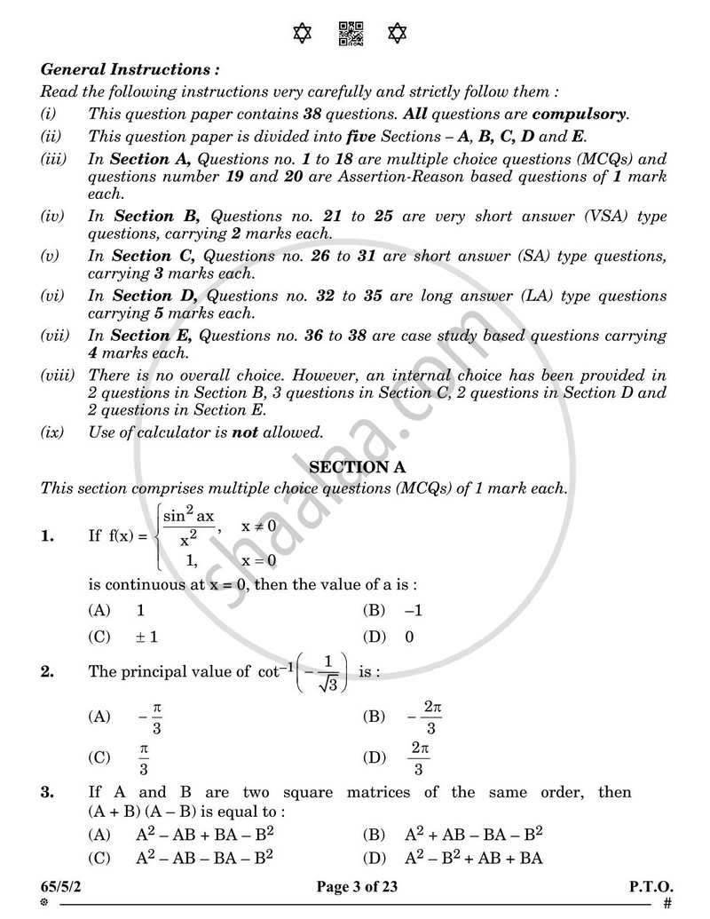 Mathematics 2024-2025 - CBSE 12th - Class 12 - CBSE (Central Board of Secondary Education) question paper with PDF download