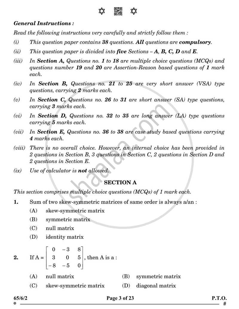 Mathematics 2024-2025 - CBSE 12th - Class 12 - CBSE (Central Board of Secondary Education) question paper with PDF download