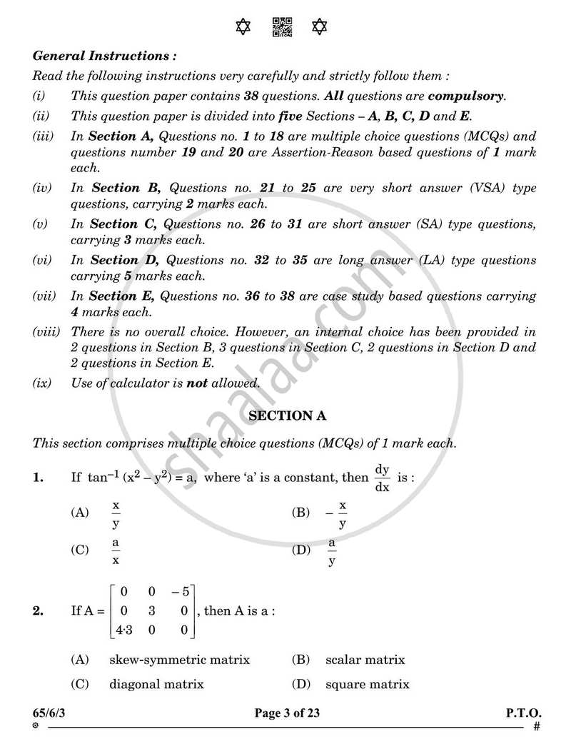 Mathematics 2024-2025 - CBSE 12th - Class 12 - CBSE (Central Board of Secondary Education) question paper with PDF download