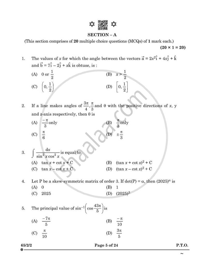 Mathematics 2024-2025 - CBSE 12th - Class 12 - CBSE (Central Board of Secondary Education) question paper with PDF download