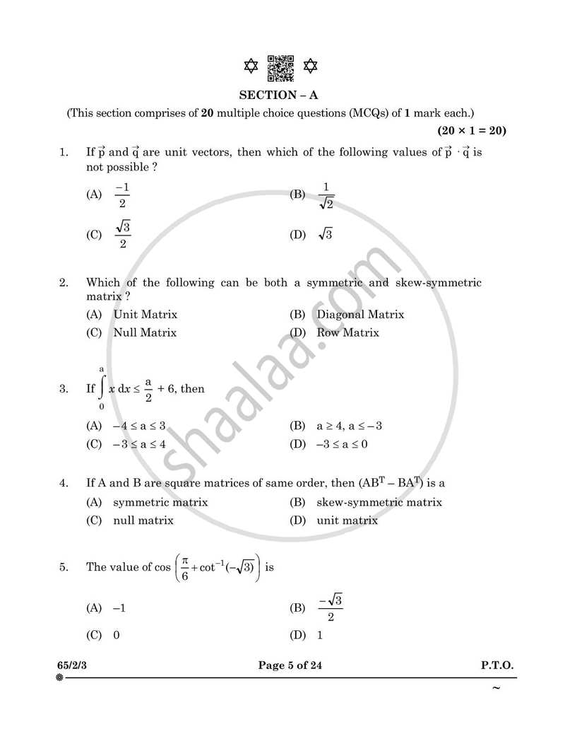 Mathematics 2024-2025 - CBSE 12th - Class 12 - CBSE (Central Board of Secondary Education) question paper with PDF download