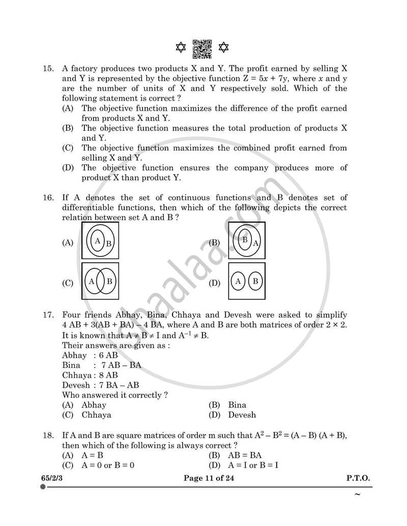 Mathematics 2024-2025 - CBSE 12th - Class 12 - CBSE (Central Board of Secondary Education) question paper with PDF download