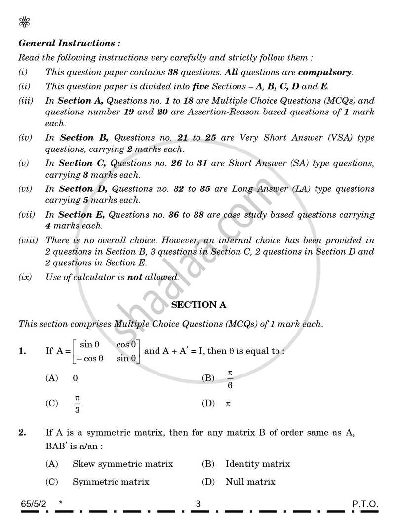 Mathematics 2025-2026 - CBSE 12th - Class 12 - CBSE (Central Board of Secondary Education) question paper with PDF download