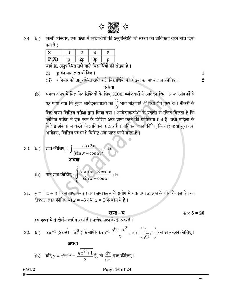 Mathematics (गणित) 2024-2025 - CBSE 12th - Class 12 [कक्षा १२] - CBSE (Central Board of Secondary Education) question paper with PDF download