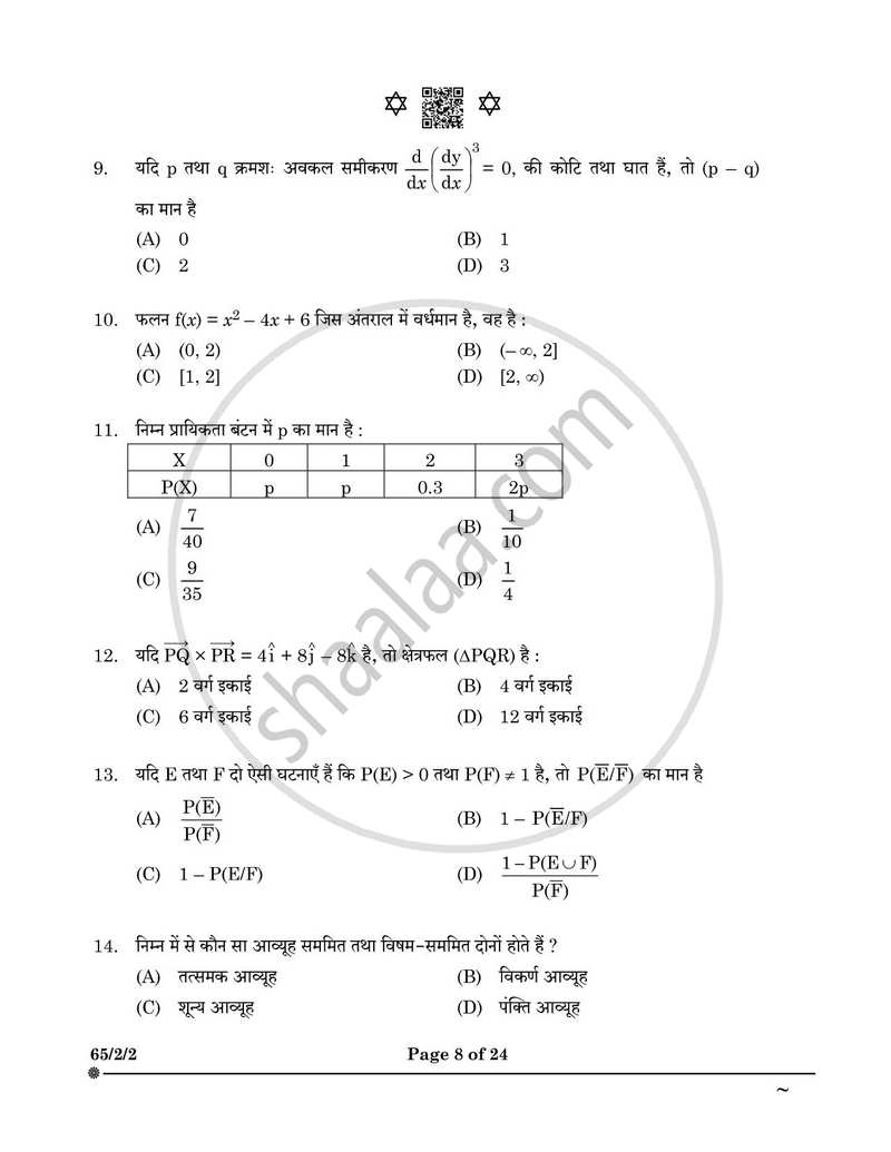 Mathematics (गणित) 2024-2025 - CBSE 12th - Class 12 [कक्षा १२] - CBSE (Central Board of Secondary Education) question paper with PDF download