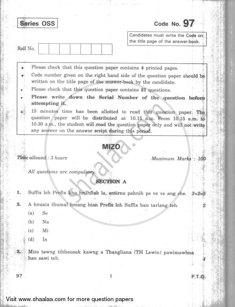 Mizo 2009-2010 - CBSE 12th - Class 12 - CBSE (Central Board of Secondary Education) question paper with PDF download
