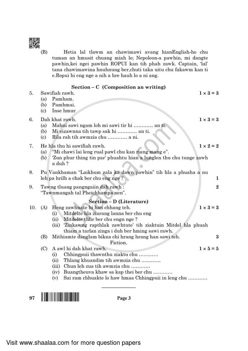 Mizo 2021-2022 - CBSE 12th - Class 12 - CBSE (Central Board of Secondary Education) question paper with PDF download