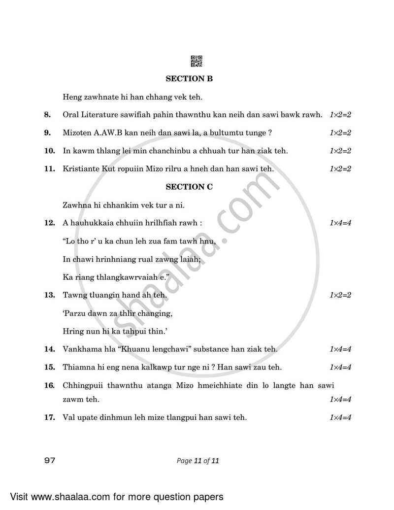 Mizo 2022-2023 - CBSE 12th - Class 12 - CBSE (Central Board of Secondary Education) question paper with PDF download