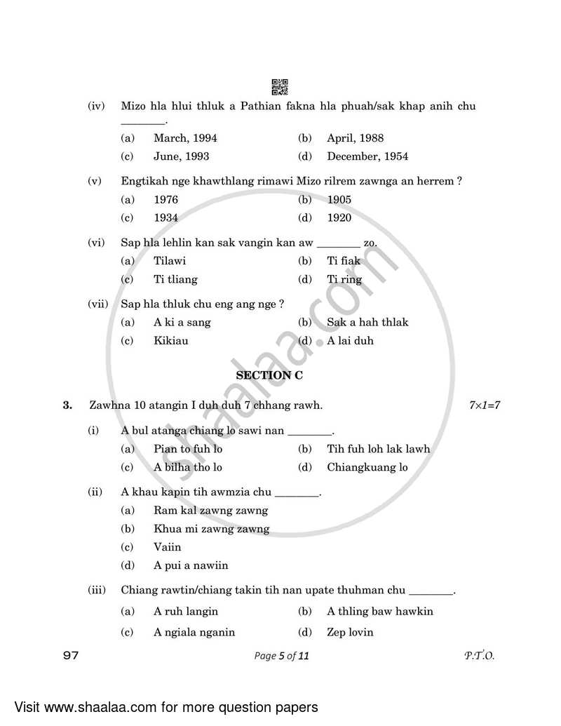 Mizo 2022-2023 - CBSE 12th - Class 12 - CBSE (Central Board of Secondary Education) question paper with PDF download