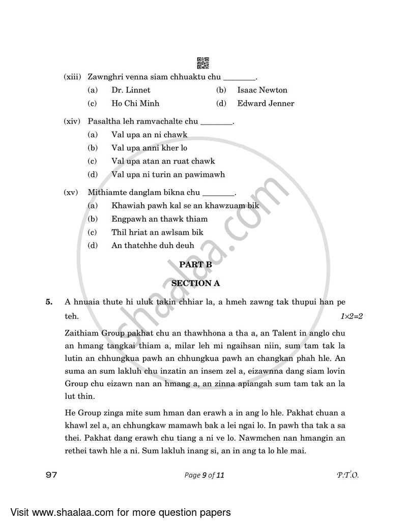 Mizo 2022-2023 - CBSE 12th - Class 12 - CBSE (Central Board of Secondary Education) question paper with PDF download