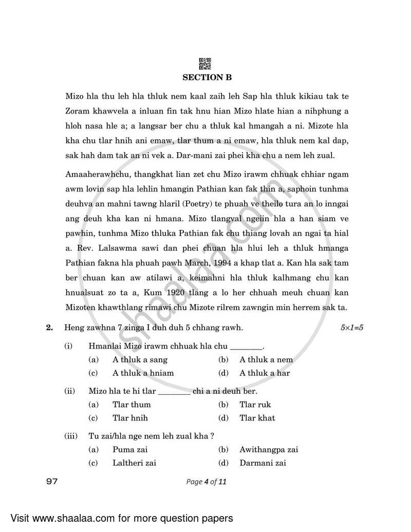 Mizo 2022-2023 - CBSE 12th - Class 12 - CBSE (Central Board of Secondary Education) question paper with PDF download