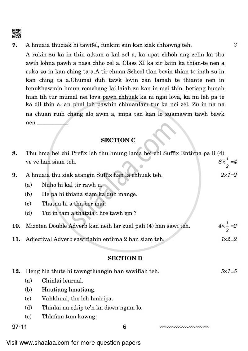 Mizo 2023-2024 - CBSE 12th - Class 12 - CBSE (Central Board of Secondary Education) question paper with PDF download
