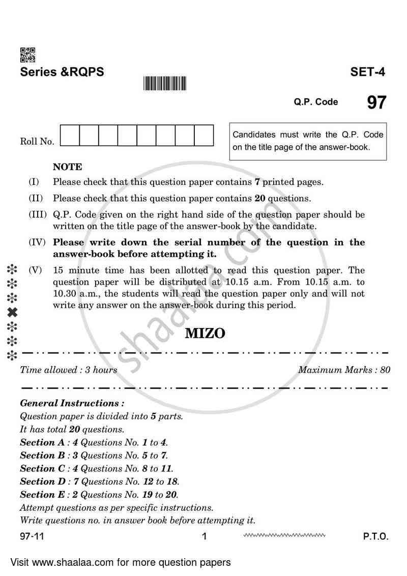 Mizo 2023-2024 - CBSE 12th - Class 12 - CBSE (Central Board of Secondary Education) question paper with PDF download