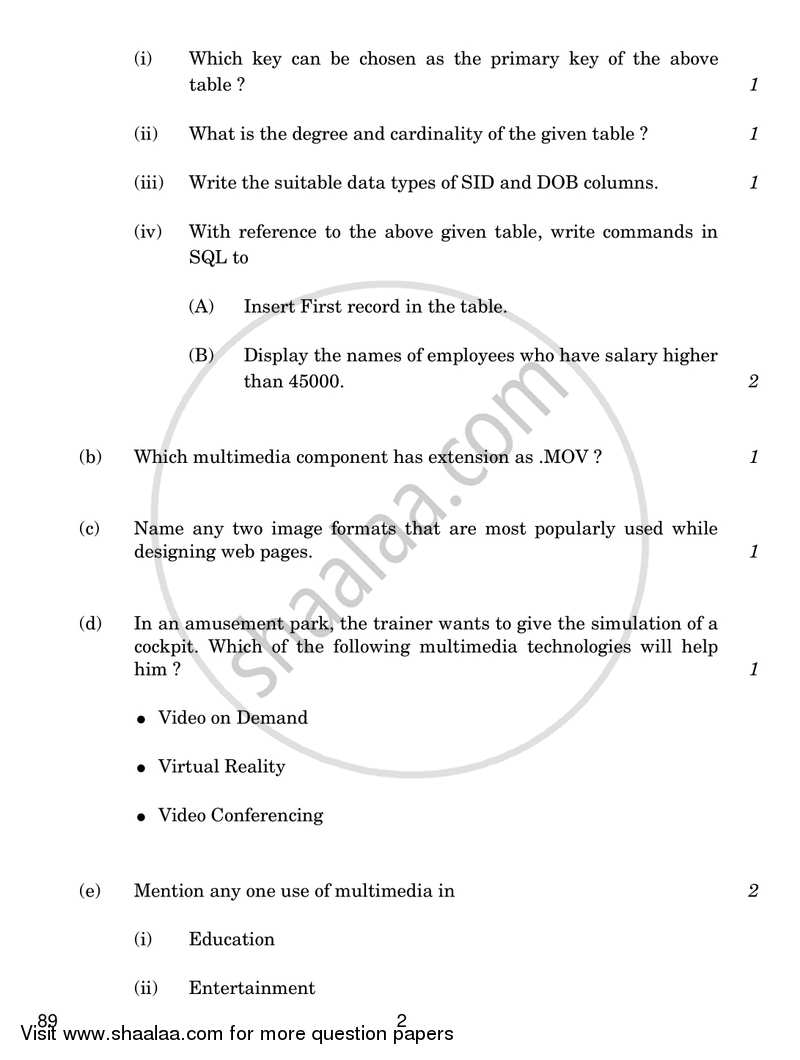 Multimedia and Web Technology 2017-2018 - CBSE 12th - Class 12 - CBSE (Central Board of Secondary Education) question paper with PDF download