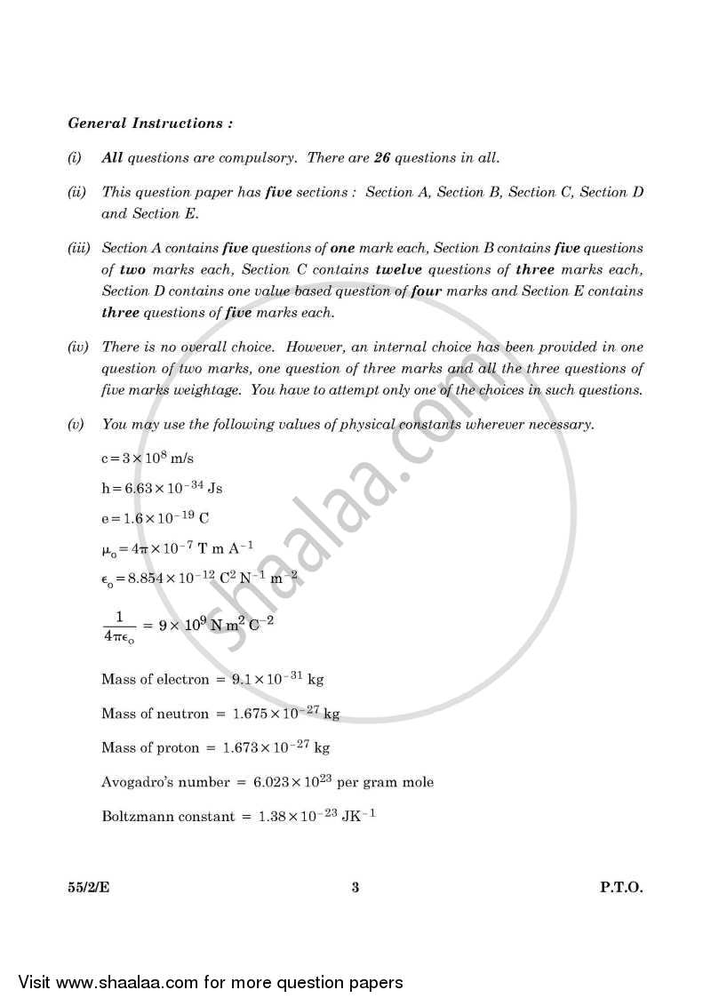 Physics 2015-2016 - CBSE 12th - Class 12 - CBSE (Central Board of Secondary Education) question paper with PDF download