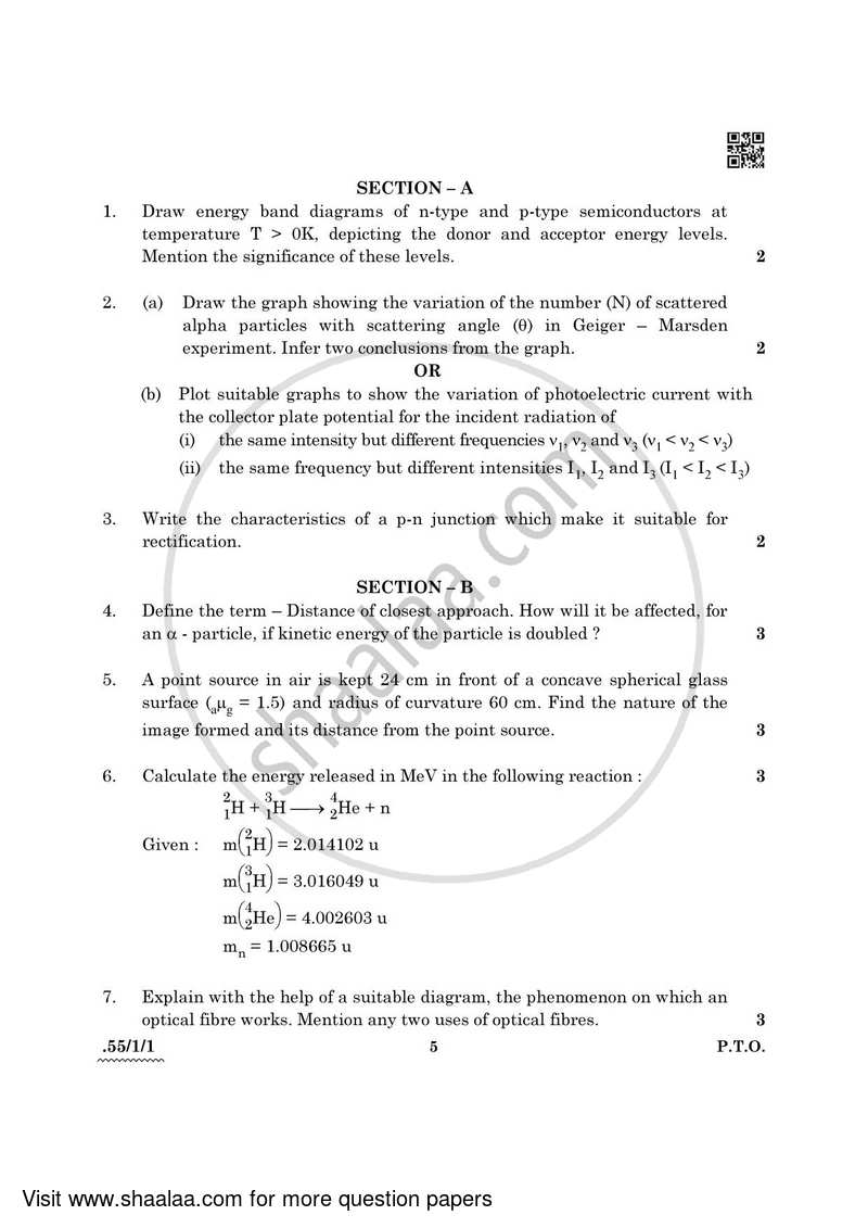 Physics 2021-2022 - CBSE 12th - Class 12 - CBSE (Central Board of Secondary Education) question paper with PDF download