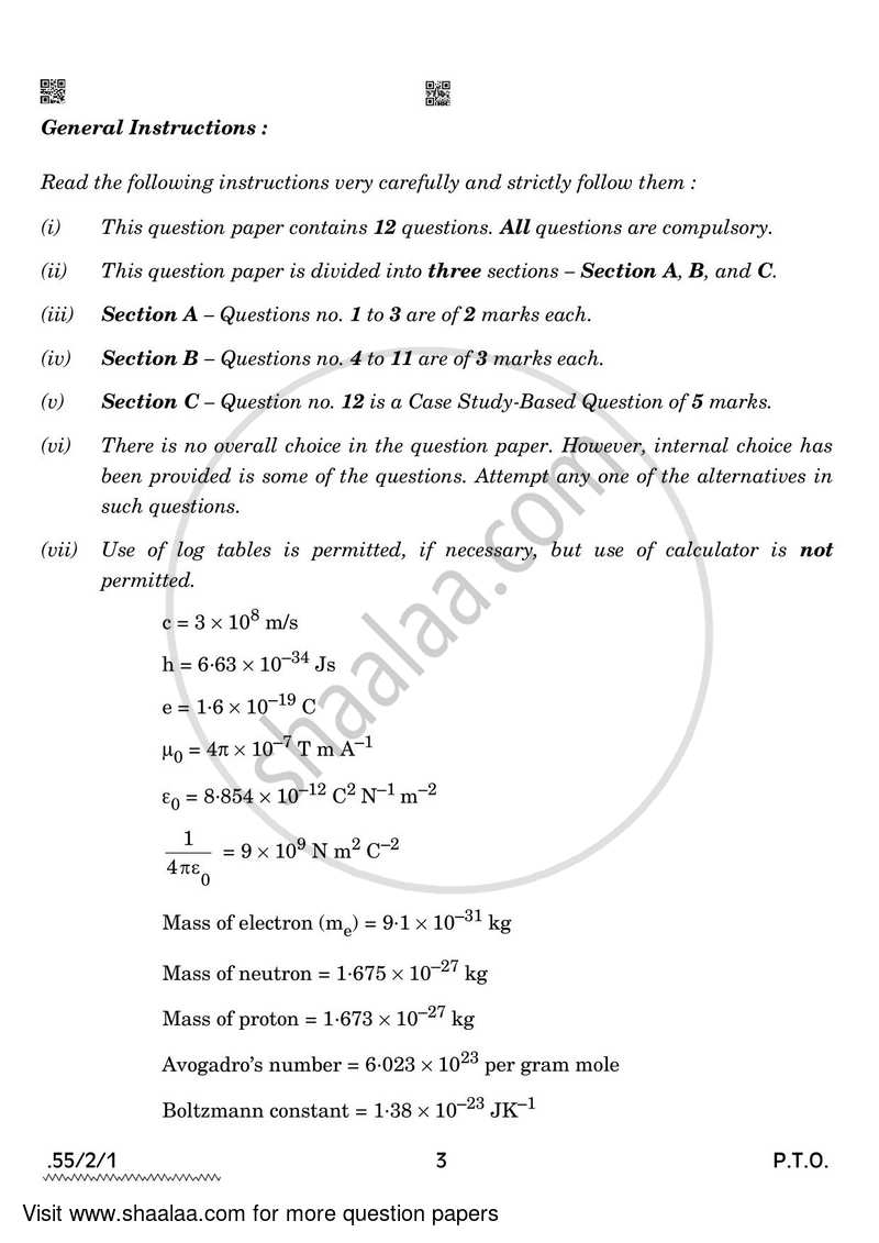 Physics 2021-2022 - CBSE 12th - Class 12 - CBSE (Central Board of Secondary Education) question paper with PDF download