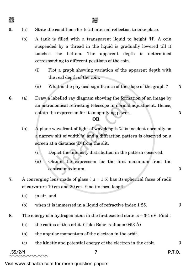 Physics 2021-2022 - CBSE 12th - Class 12 - CBSE (Central Board of Secondary Education) question paper with PDF download