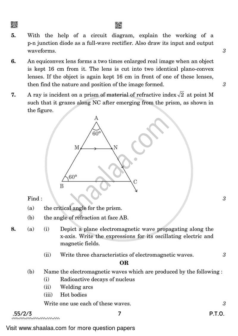Physics 2021-2022 - CBSE 12th - Class 12 - CBSE (Central Board of Secondary Education) question paper with PDF download