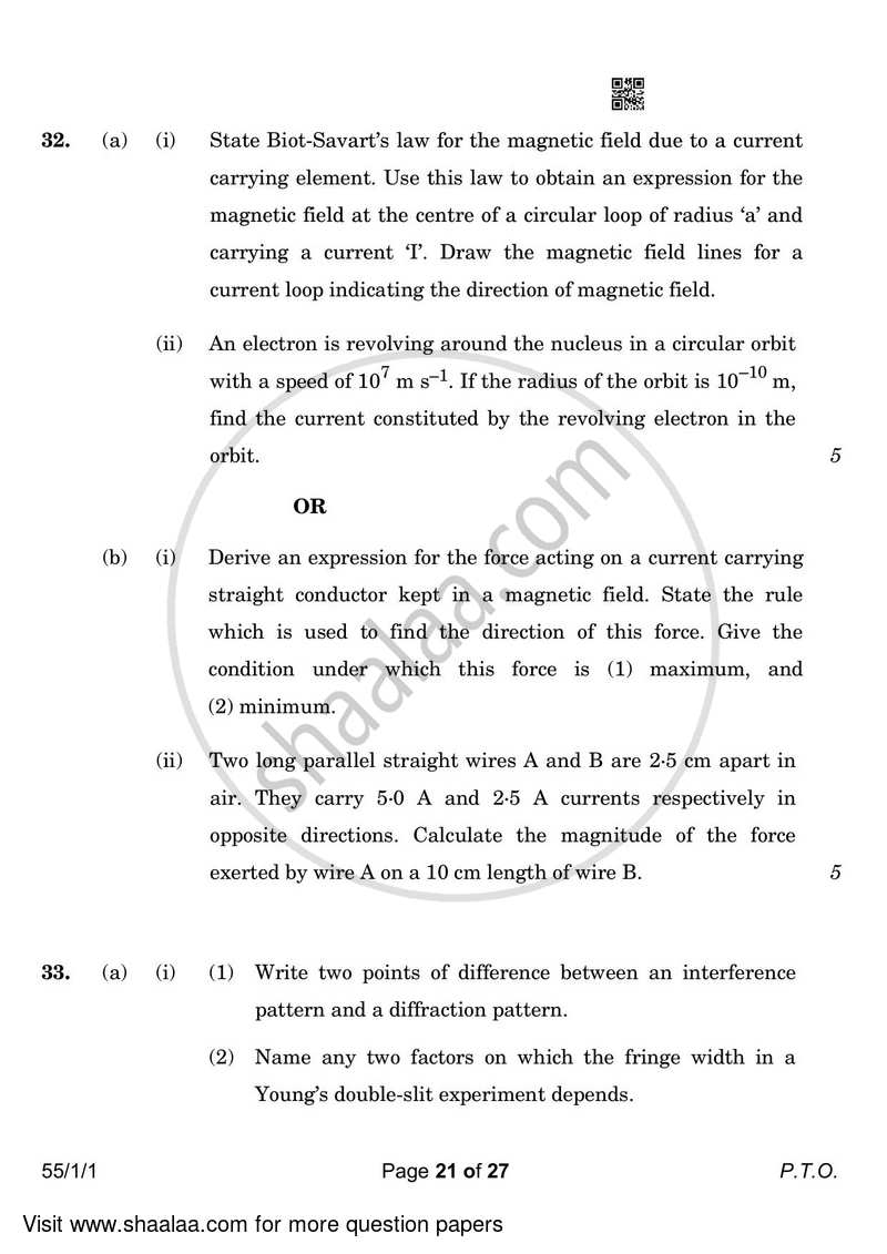 Physics 2022-2023 - CBSE 12th - Class 12 - CBSE (Central Board of Secondary Education) question paper with PDF download