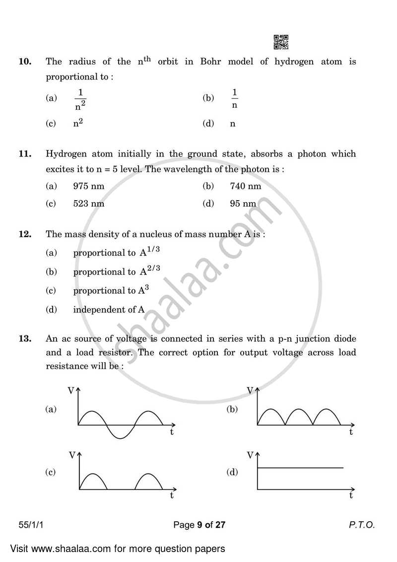 Physics 2022-2023 - CBSE 12th - Class 12 - CBSE (Central Board of Secondary Education) question paper with PDF download
