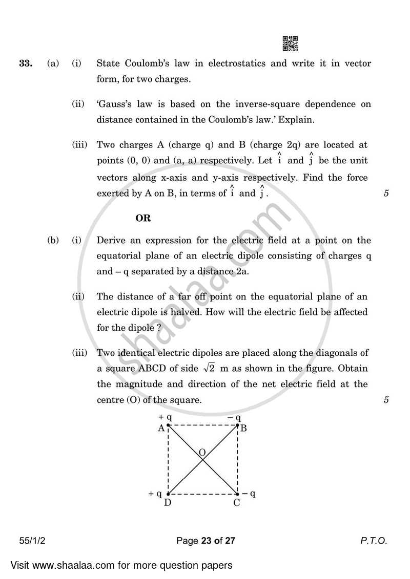 Physics 2022-2023 - CBSE 12th - Class 12 - CBSE (Central Board of Secondary Education) question paper with PDF download