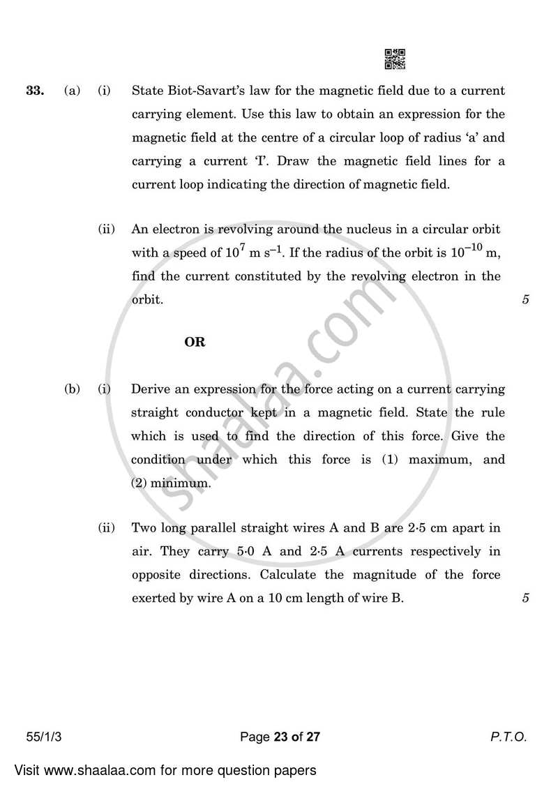 Physics 2022-2023 - CBSE 12th - Class 12 - CBSE (Central Board of Secondary Education) question paper with PDF download