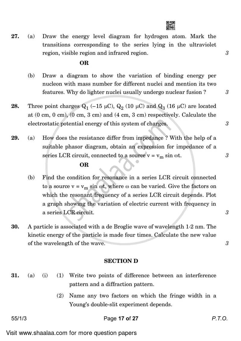 Physics 2022-2023 - CBSE 12th - Class 12 - CBSE (Central Board of Secondary Education) question paper with PDF download
