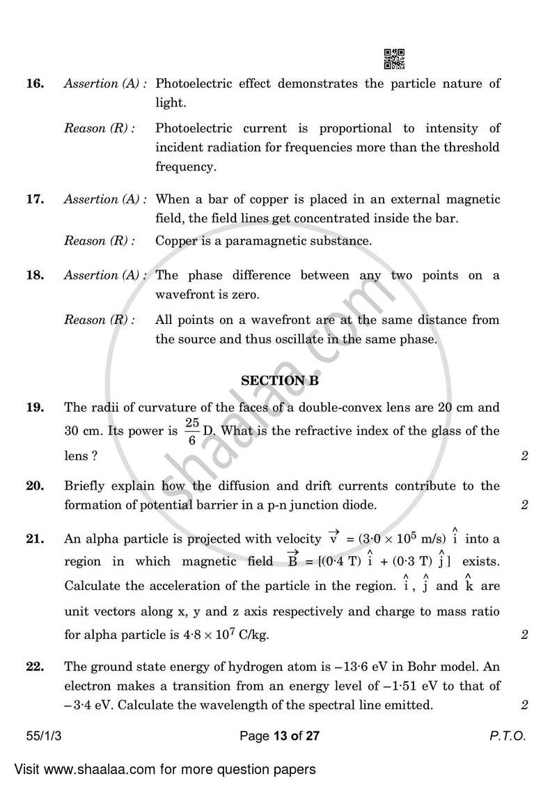 Physics 2022-2023 - CBSE 12th - Class 12 - CBSE (Central Board of Secondary Education) question paper with PDF download