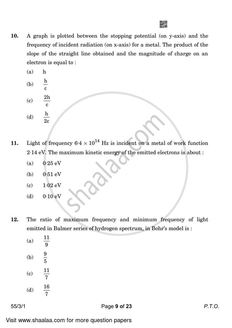 Physics 2022-2023 - CBSE 12th - Class 12 - CBSE (Central Board of Secondary Education) question paper with PDF download