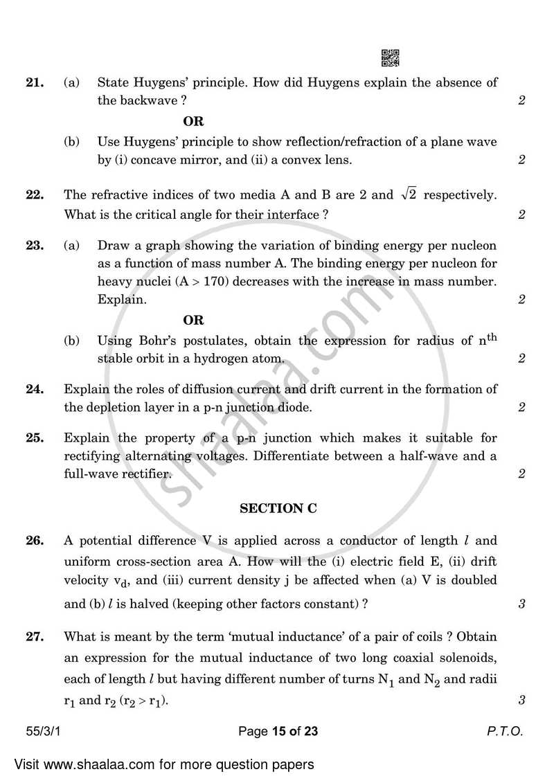 Physics 2022-2023 - CBSE 12th - Class 12 - CBSE (Central Board of Secondary Education) question paper with PDF download