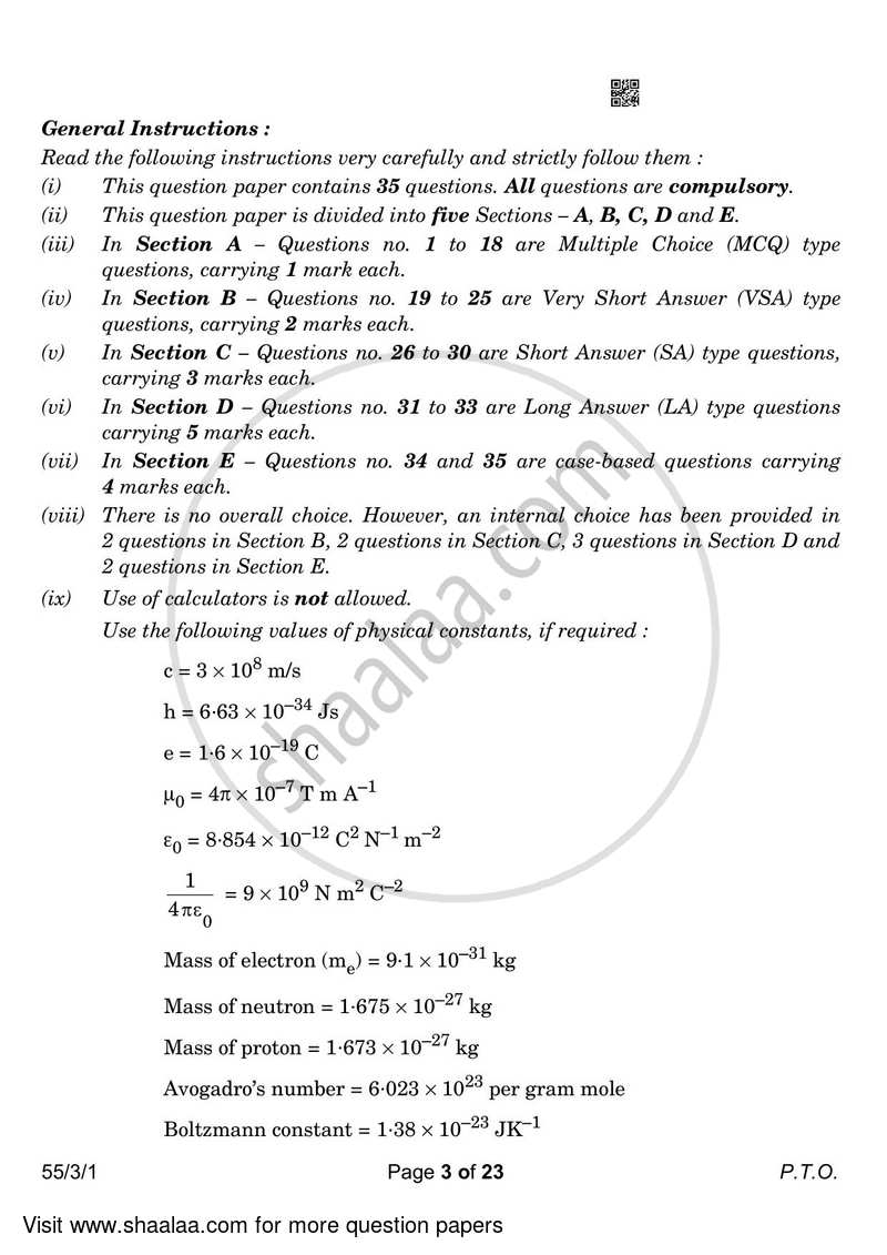 Physics 2022-2023 - CBSE 12th - Class 12 - CBSE (Central Board of Secondary Education) question paper with PDF download
