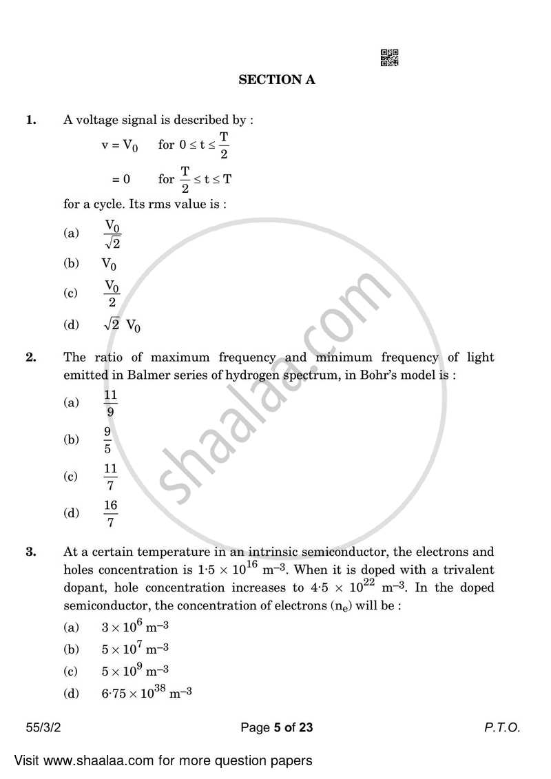 Physics 2022-2023 - CBSE 12th - Class 12 - CBSE (Central Board of Secondary Education) question paper with PDF download