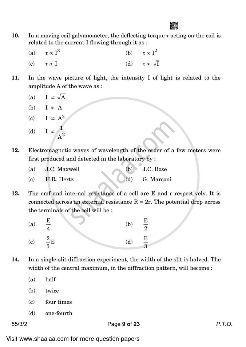 Physics 2022-2023 - CBSE 12th - Class 12 - CBSE (Central Board of Secondary Education) question paper with PDF download