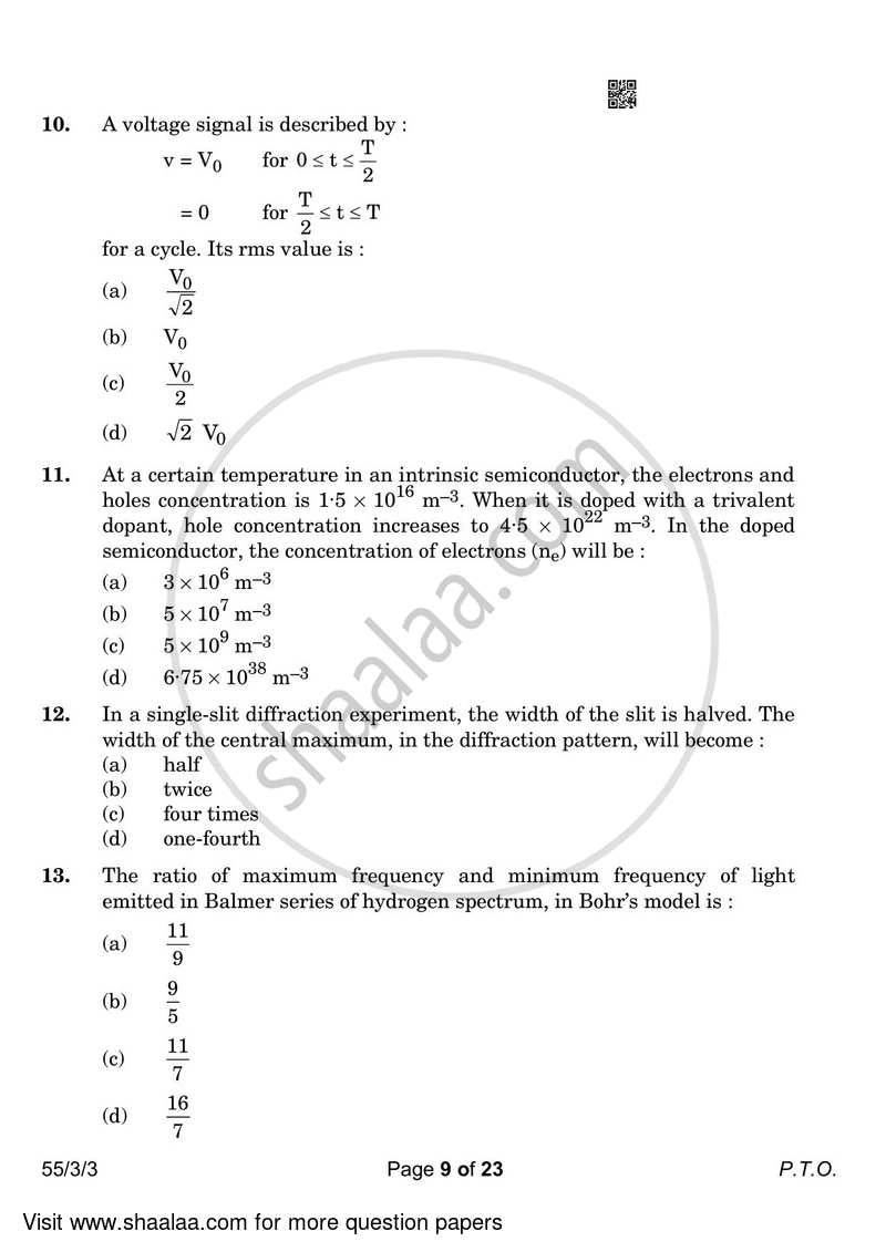 Physics 2022-2023 - CBSE 12th - Class 12 - CBSE (Central Board of Secondary Education) question paper with PDF download