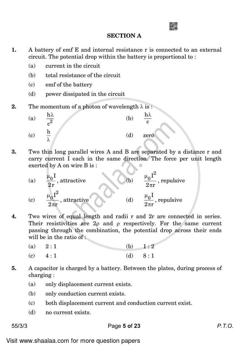 Physics 2022-2023 - CBSE 12th - Class 12 - CBSE (Central Board of Secondary Education) question paper with PDF download