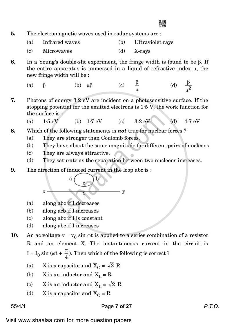 Physics 2022-2023 - CBSE 12th - Class 12 - CBSE (Central Board of Secondary Education) question paper with PDF download